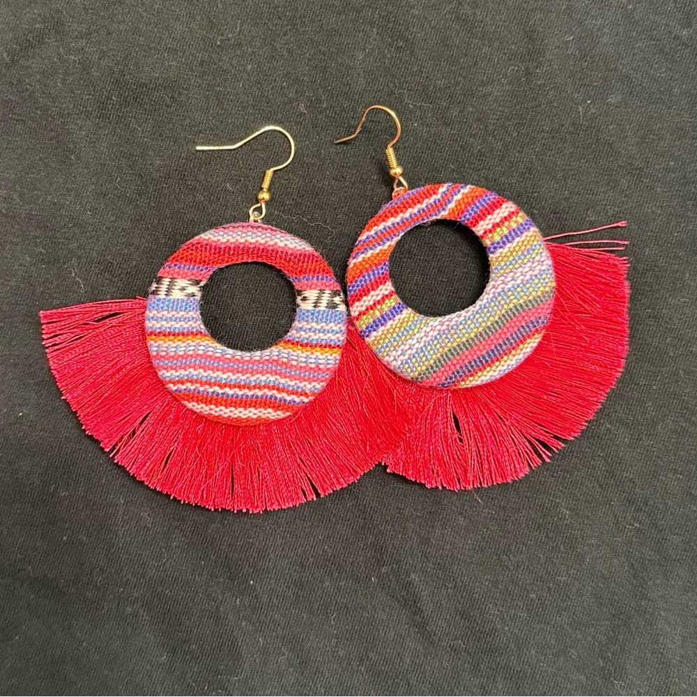 Vibrant Red Fringe Hoop Earrings